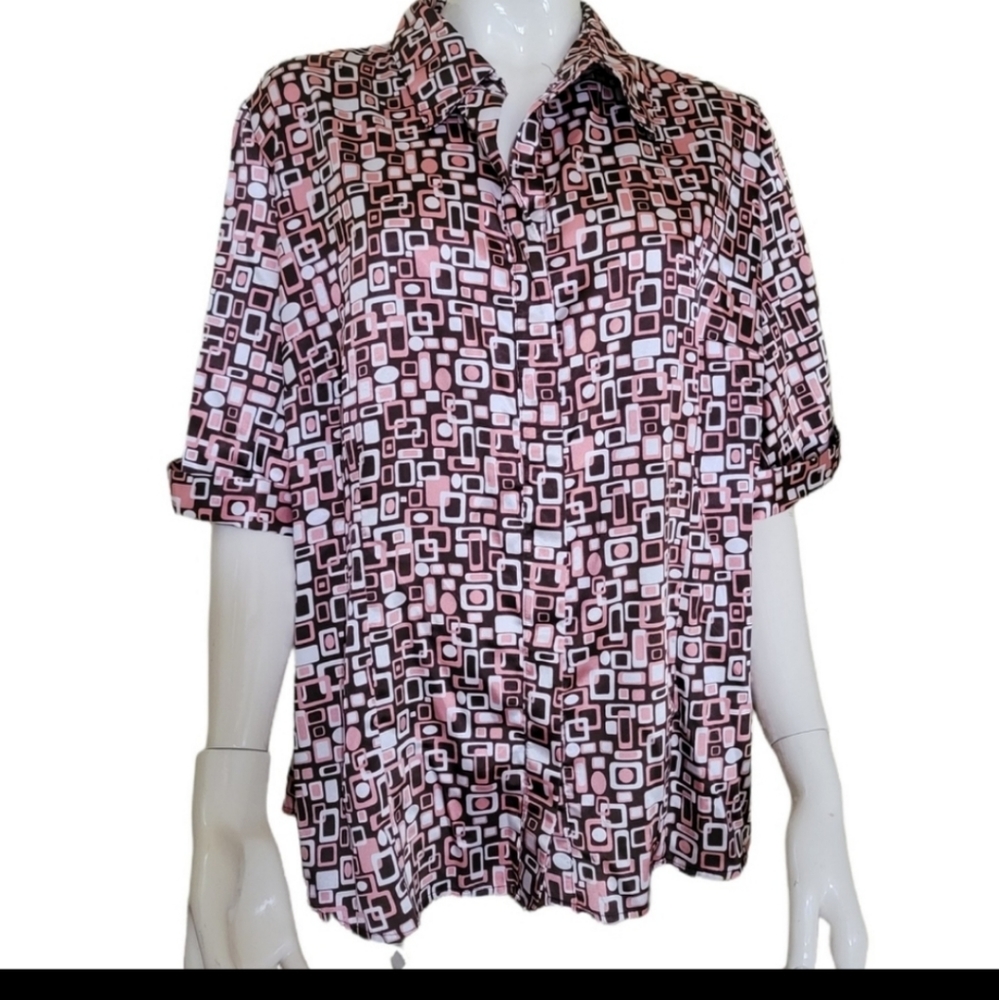 1X pink brown and white art deco print top